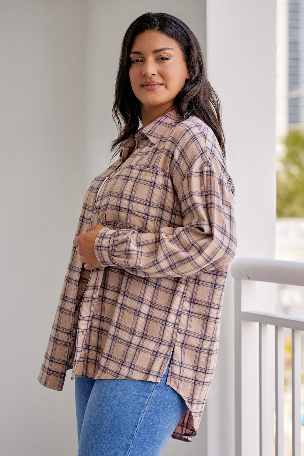 Plus Size Plaid Print Buttoned Oversized Tunic Shirt