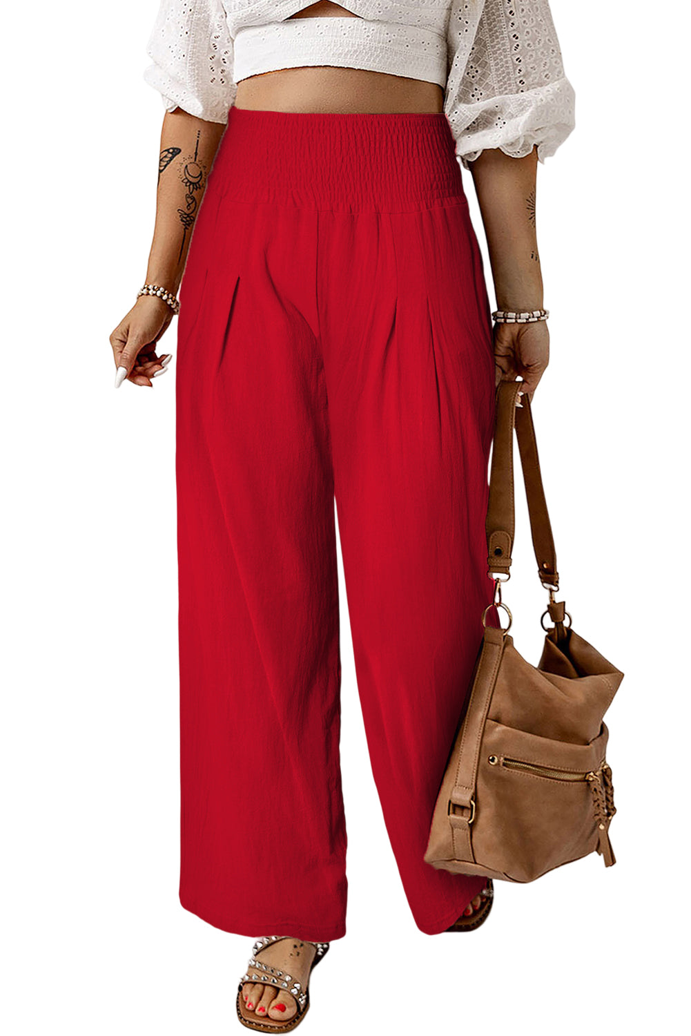 Pink Textured High Waist Wide Leg Plus Size Pants