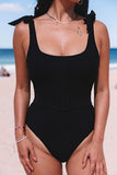 Tie Straps Buckle Waistband Ribbed One Piece Swimsuit