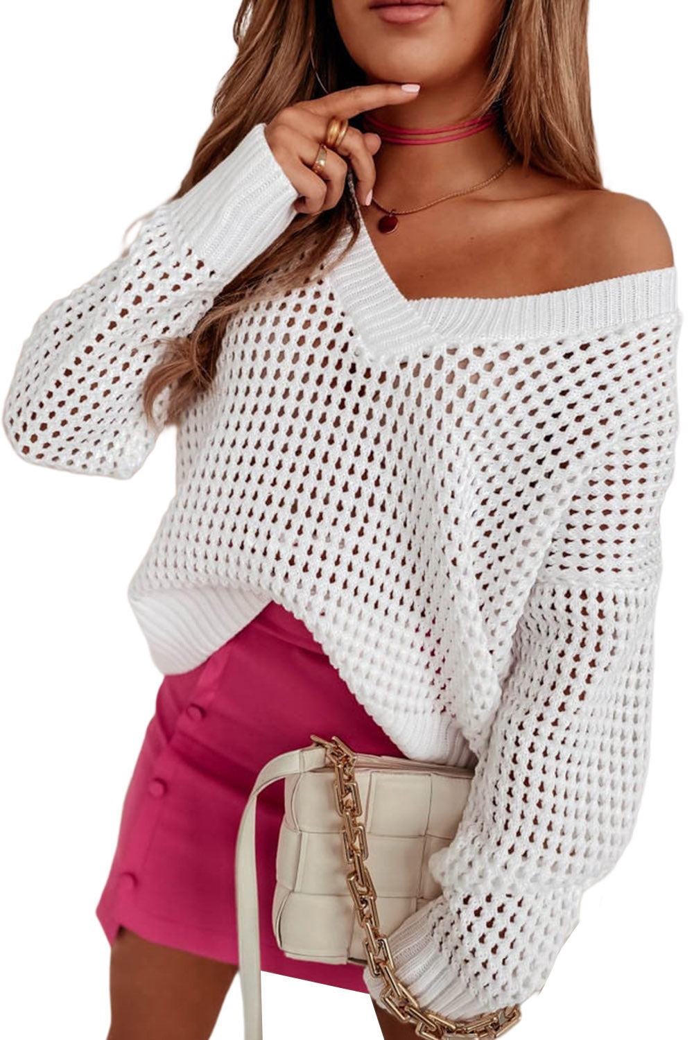 Hollow Out Knitted Loose Fit V Neck Sweater