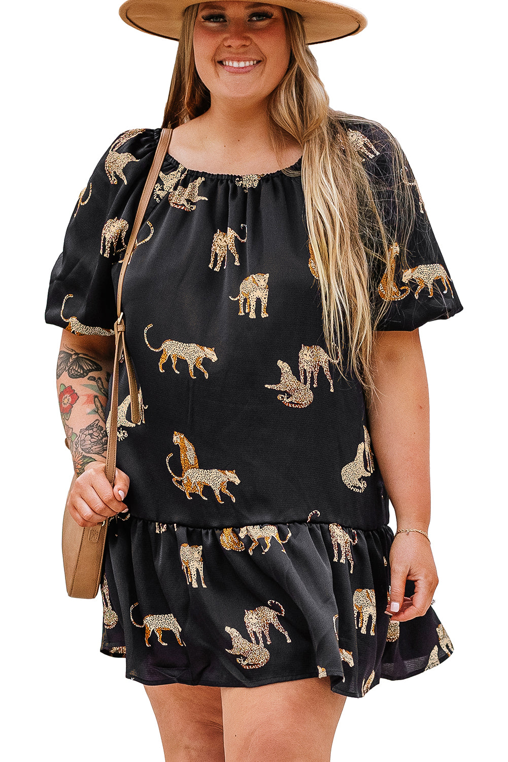 Chemise noire boutonnée en satin à imprimé animal guépard 