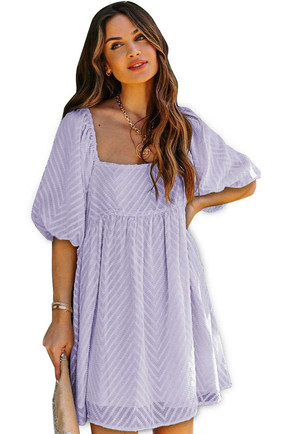 Square Neck Puff Sleeve Babydoll Mini Dress