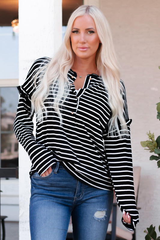 Striped Print Ruffled Buttoned Long Sleeve Top