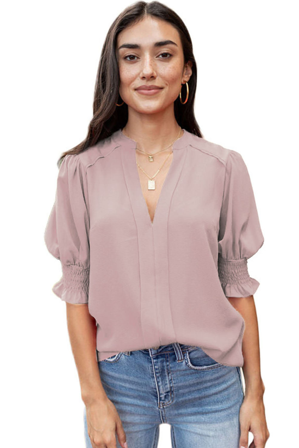 Solid Color Half Sleeve V Neck Blouse