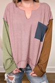 Colorblock Rib Textured Loose Long Sleeve Top