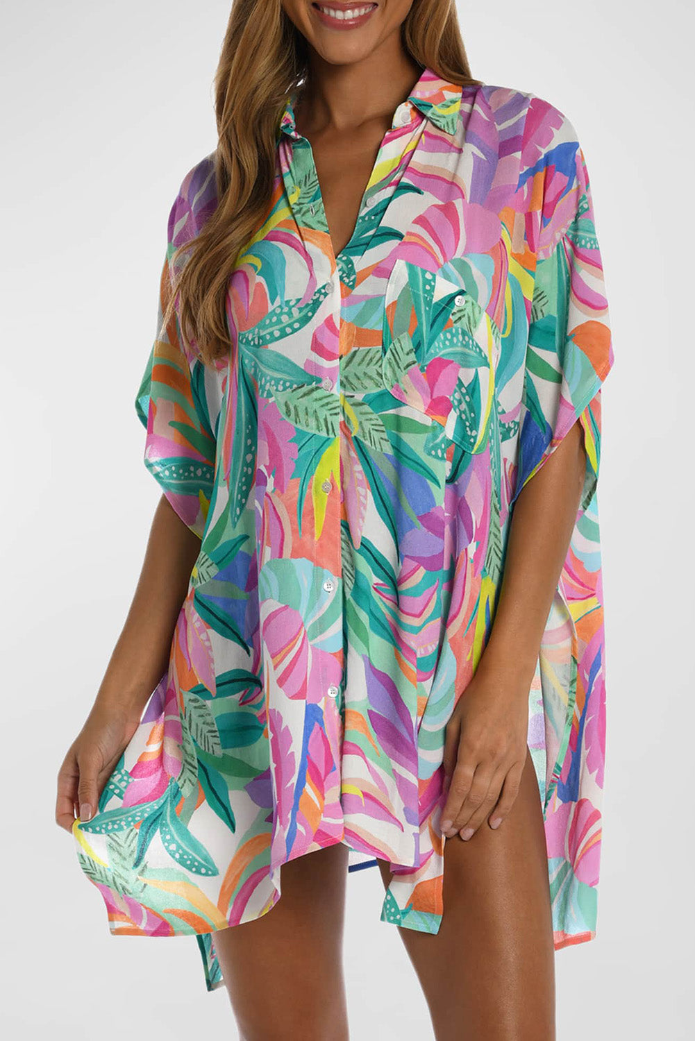 Plant Print Button-up Half Sleeve Beach Cover Up