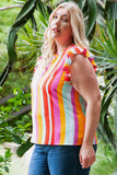 Plus Size Stripe Print Frill Neck Flutter Blouse