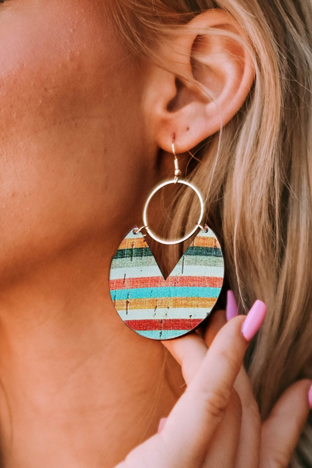 Boho Striped Print Wood Drop Earrings