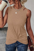 Khaki Rib Knit Cut-out Front Twist Tank Top