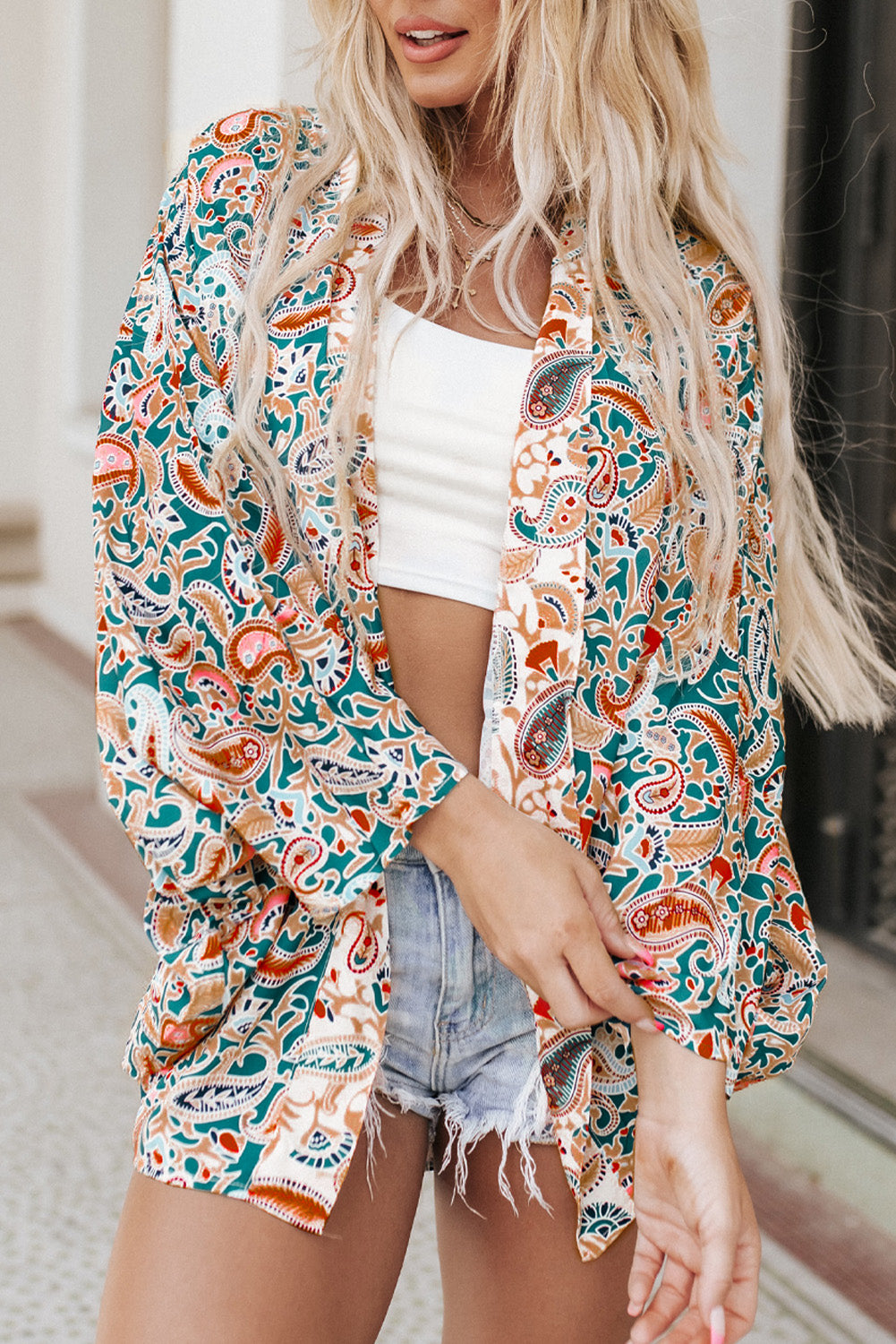 Paisley Floral Print Open Front Flowy Kimono