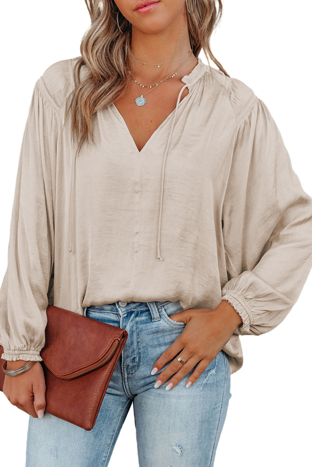 Pleated Balloon Sleeve Drawstring V-Neck Blouse