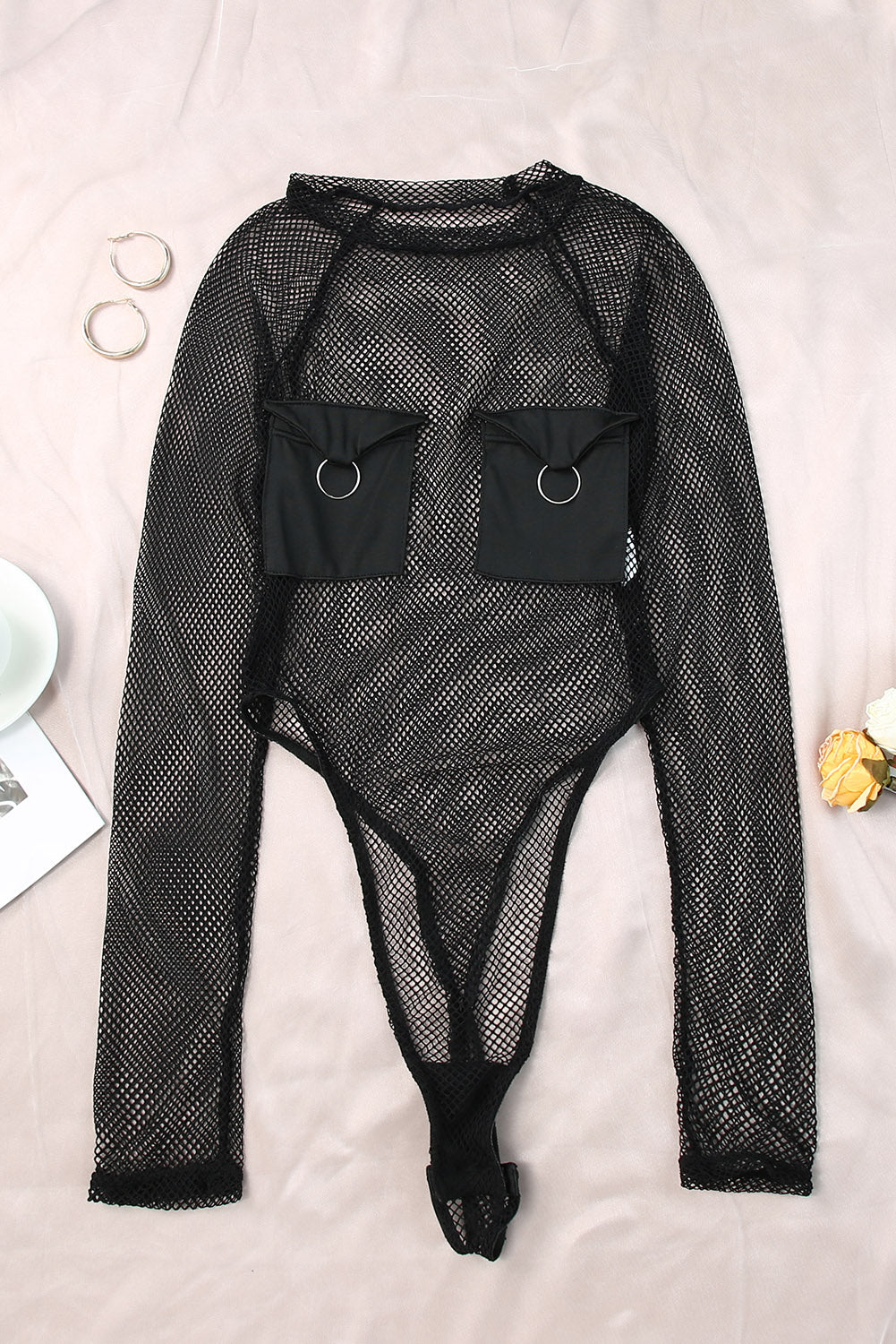 Fishnet Pocketed Long Sleeve High Cut Bodysuit