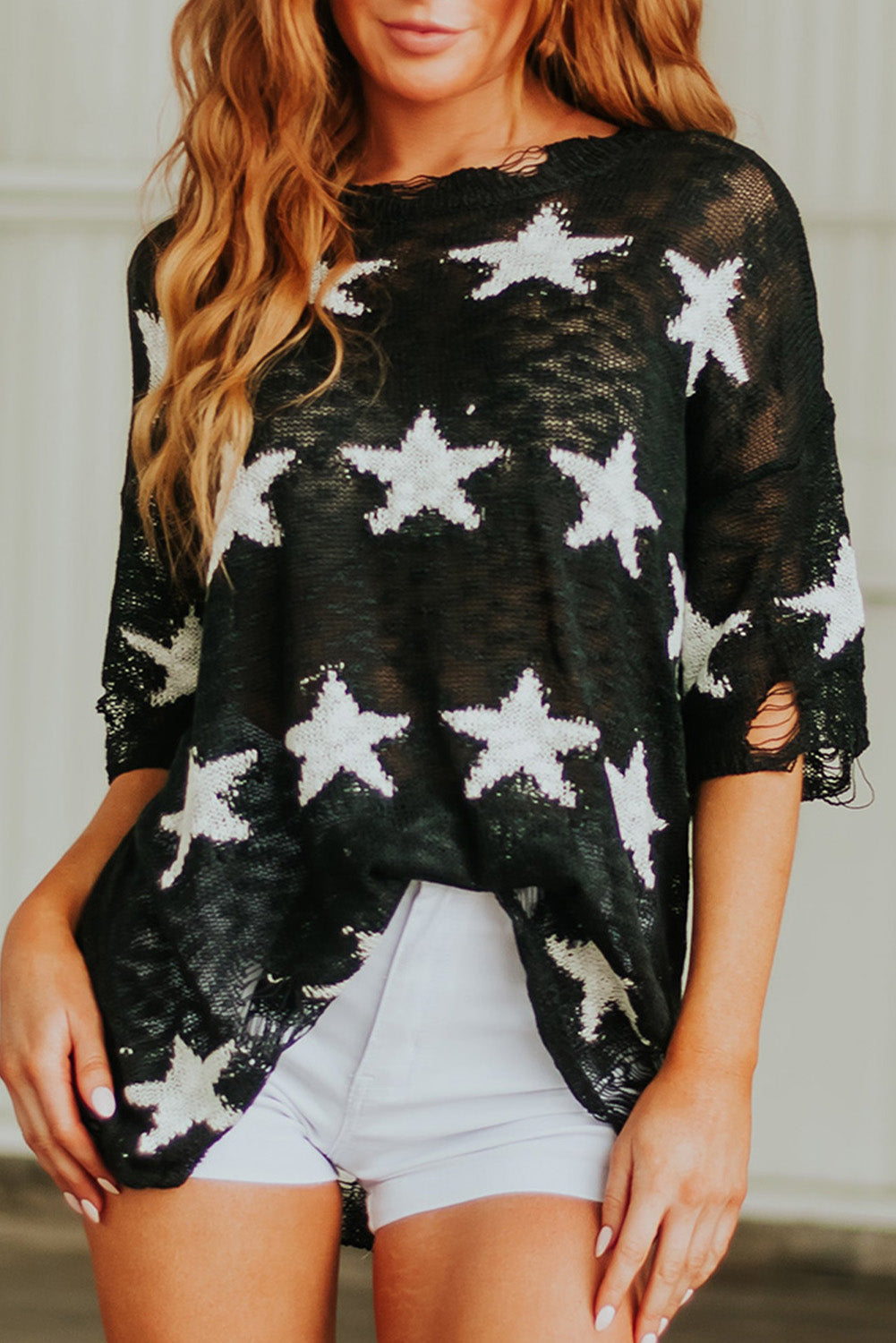 Star Print Half Sleeve Distressed Knit Top