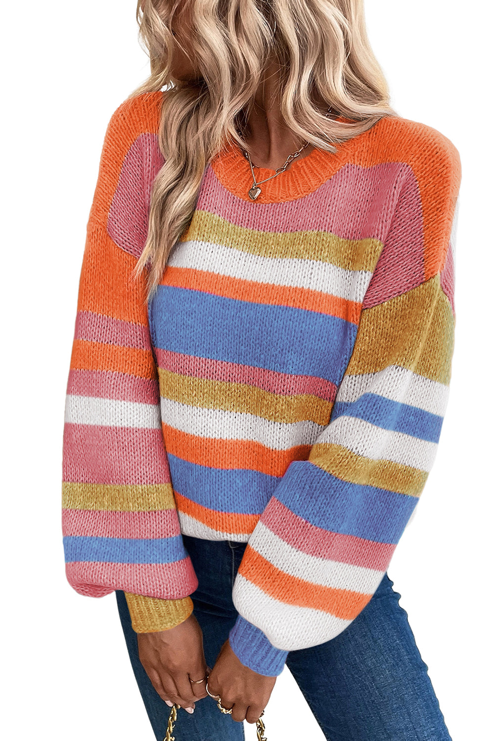 Multicolor Striped Knit Drop Shoulder Puff Sleeve Sweater