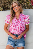 Pink Floral Contrast Ric Rac Layered Ruffle Sleeve Blouse