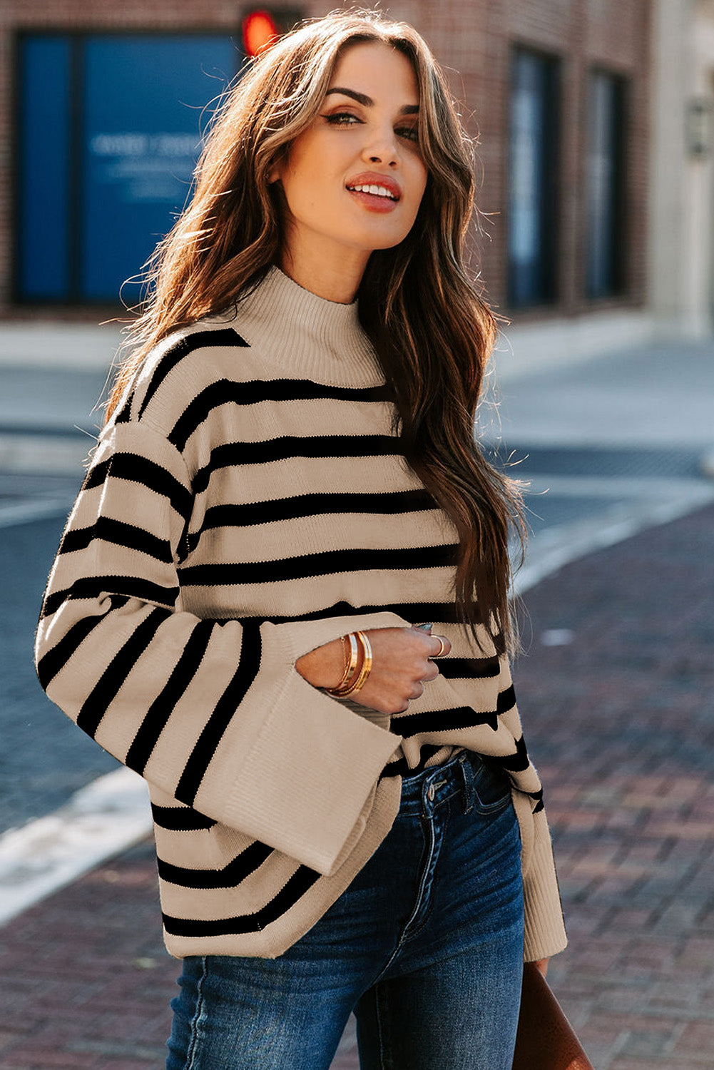 Striped Mock Neck Bell Sleeve Knit Sweater