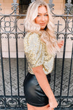 Keyhole Back Sequin Puff Sleeve T Shirt