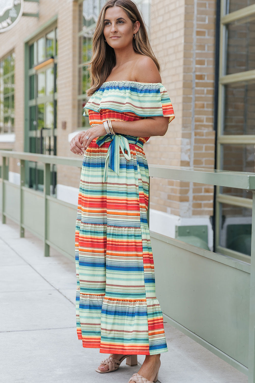 Print Lace-up Ruffled Off Shoulder Maxi Dress