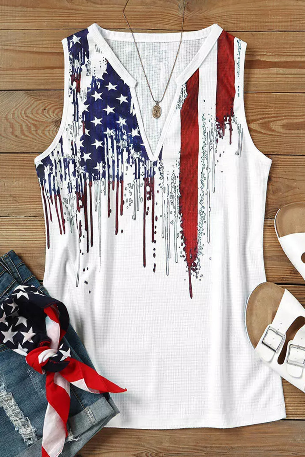 American Flag Designful Print Notch V Neck Tank Top