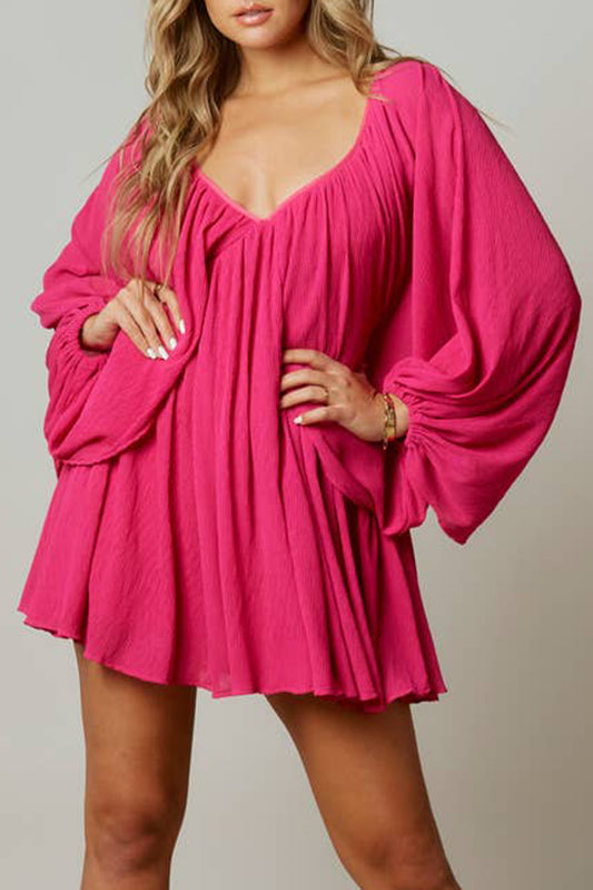 Rose Billowy Sleeve Gathered Babydoll Mini Dress