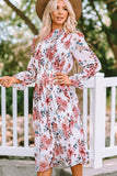 Floral Print Puffy Sleeve Ruffled Midi Dress