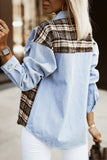 Plaid Patchwork Raw Hem Denim Jacket