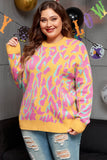 Bright Pink Plus Size Leopard Ribbed Trim Sweater