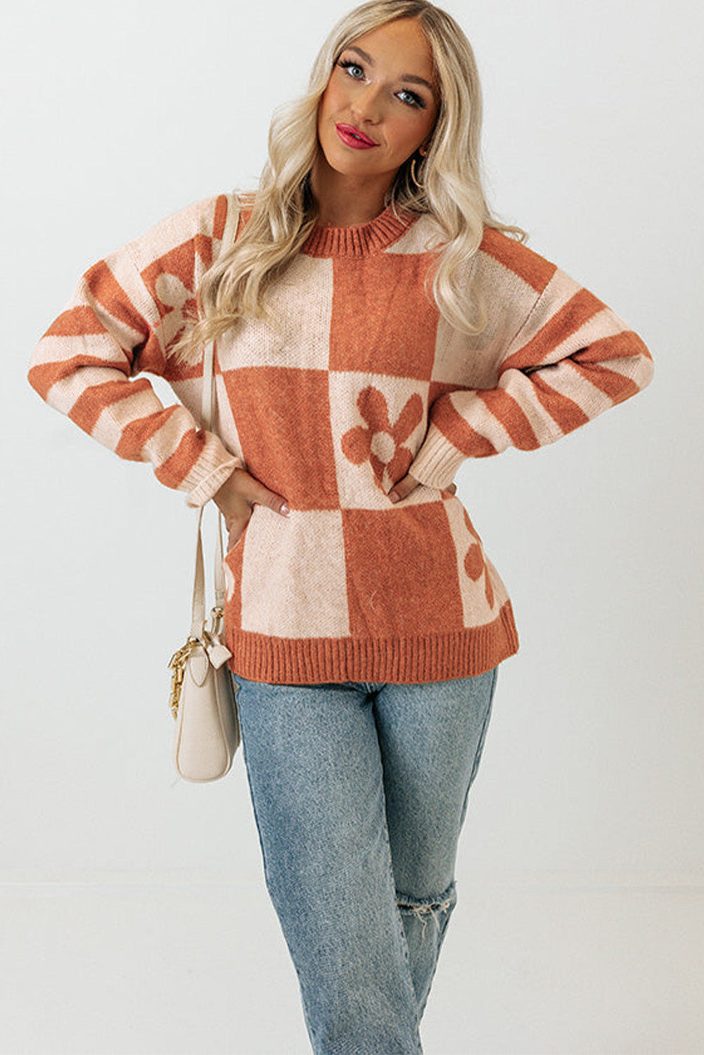 Green Checkered Floral Print Striped Sleeve Sweater