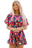 Red Floral Off Shoulder Short Sleeves Ruffle Romper