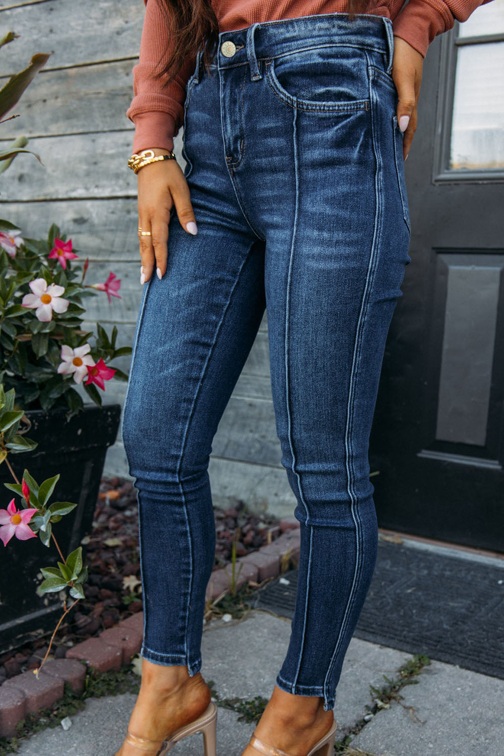 Jean skinny taille haute bleu avec coutures