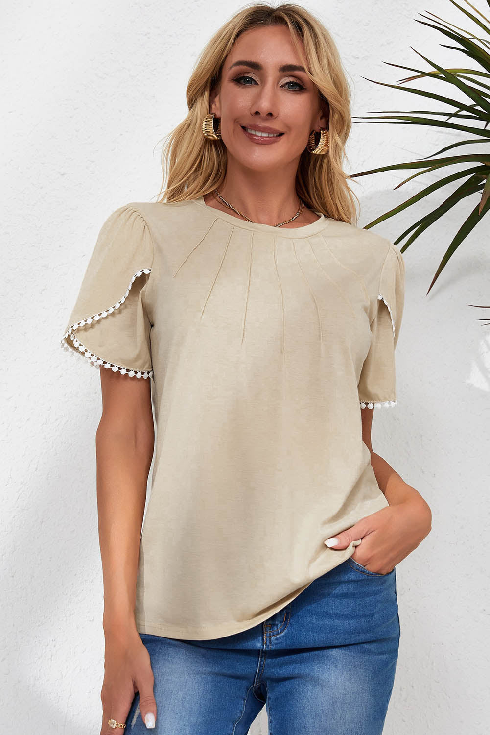 Lace Trim Pleated Short Sleeve Top