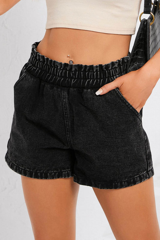 Short en denim taille haute élastique à volants rétro noir délavé à l'eau de Javel