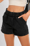 Retro Bleach-washed Ruffled Elastic High Waist Denim Shorts