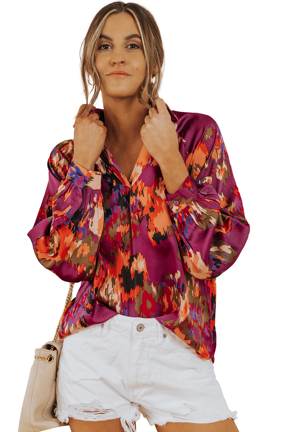 Green Graffiti Printed V Neck Puff Sleeve Blouse