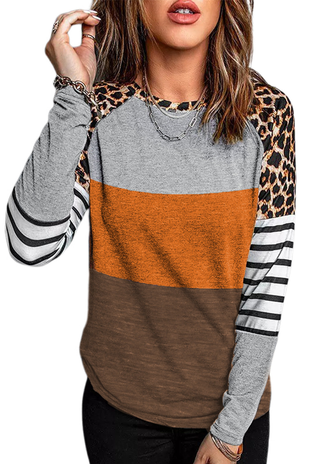 Leopard Striped Color Block Long Sleeve Blouse