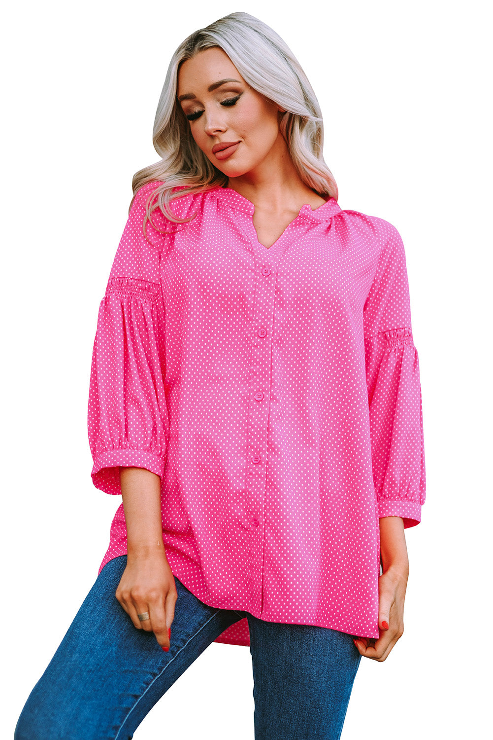 Chemise ample rose à manches 3/4 et imprimé à pois 