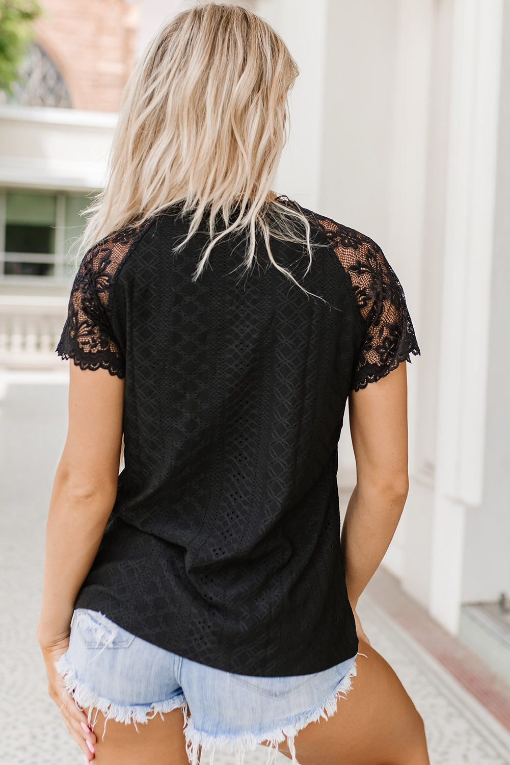 Lace Short-Sleeve Scalloped V-Neck Top