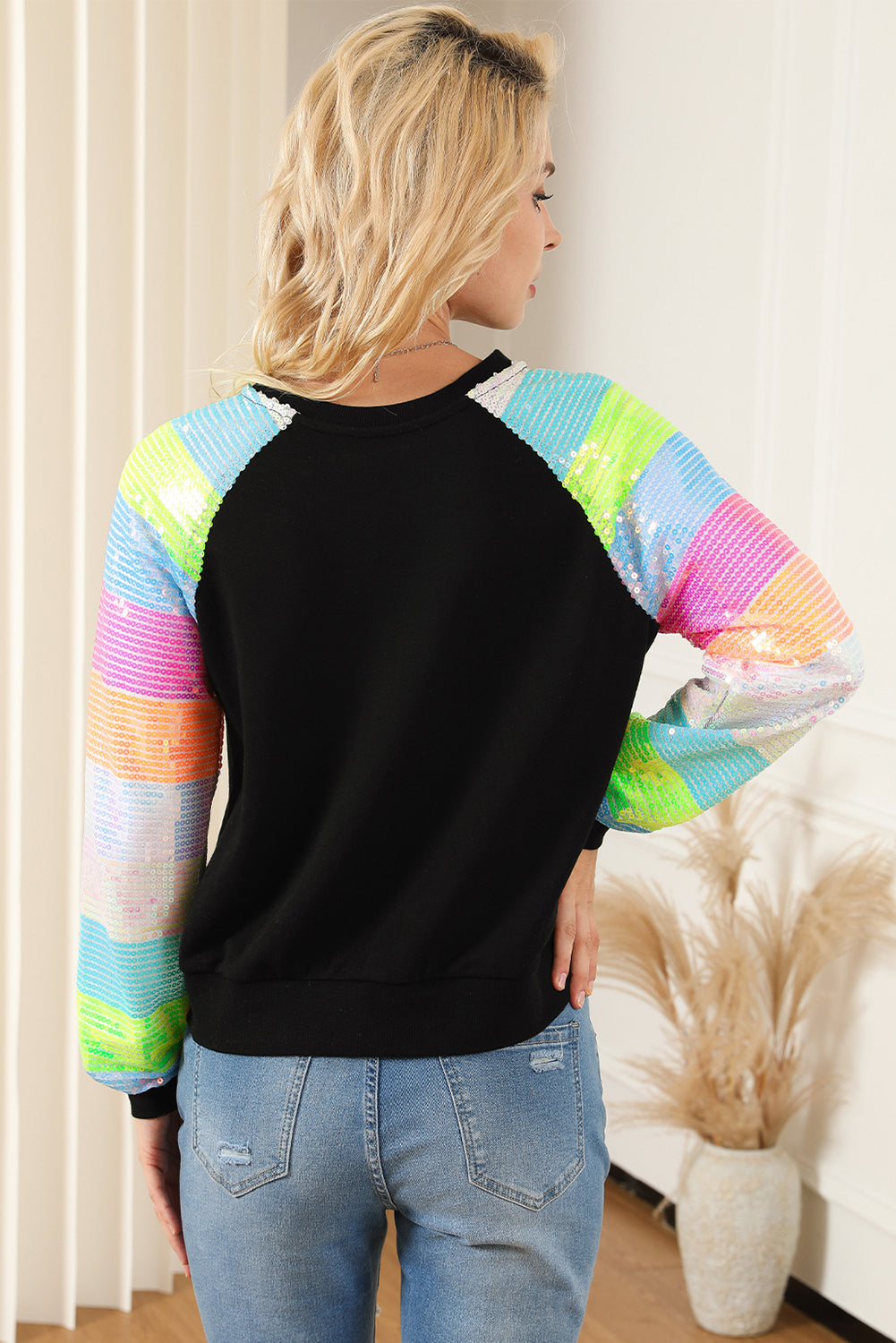 Sequin Color Block Raglan Sleeve Pullover Sweatshirt