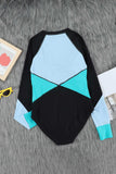 Color Block Zipper Long Sleeve Rash Guard Swimwear