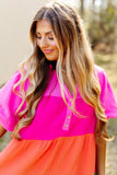 Crinkle Bubble Sleeve Color Block Blouse