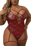 Lingerie Teddy en maille transparente à bretelles et œillets de grande taille rouge