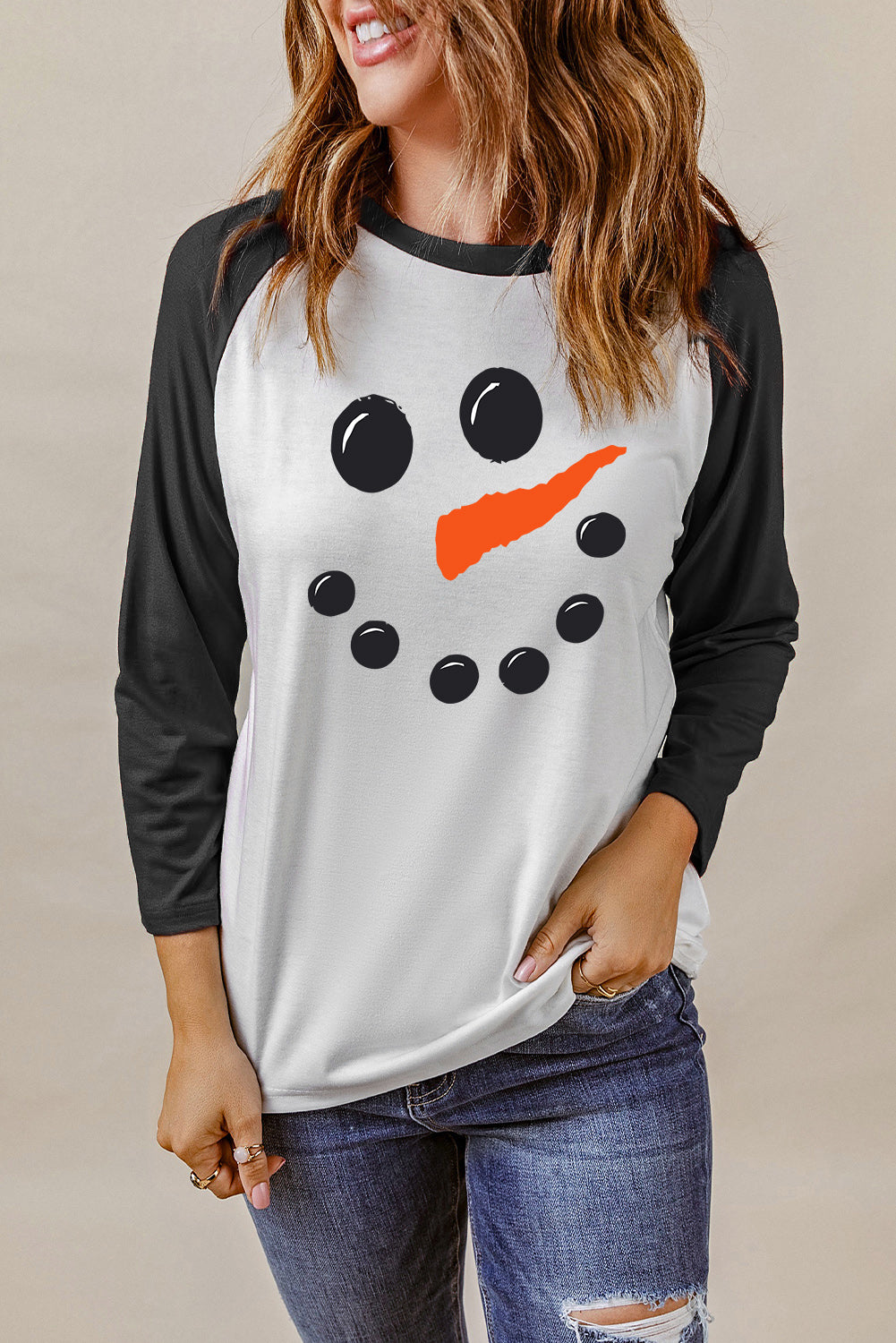 Christmas Snowman Face Print Color Block Top