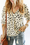 Leopard Print Frilled Half Sleeve Blouse with Tassel Tie