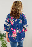 Plus Size Lace Patch 3/4 Sleeve Split Neck Floral Top