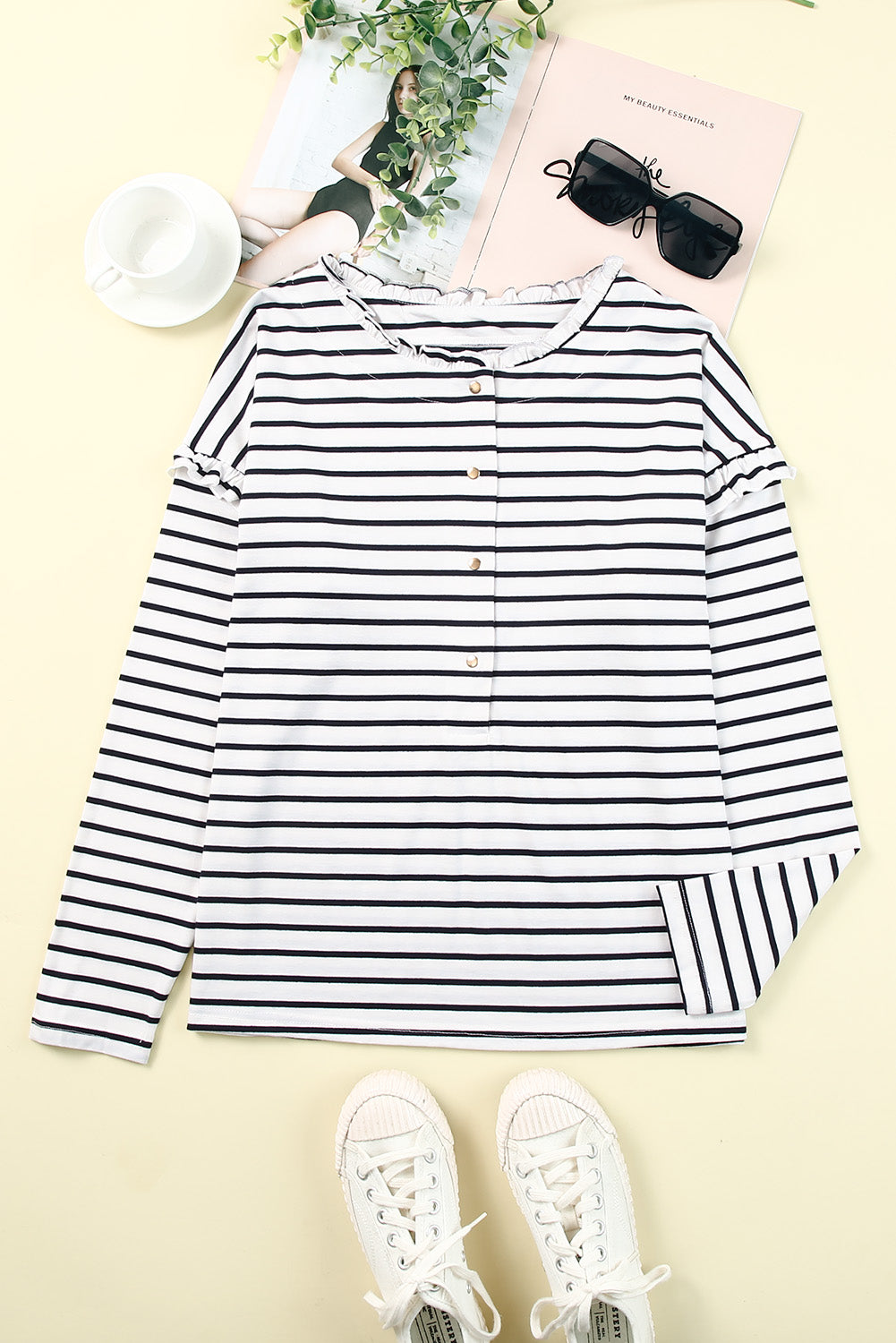 Striped Print Ruffled Buttoned Long Sleeve Top