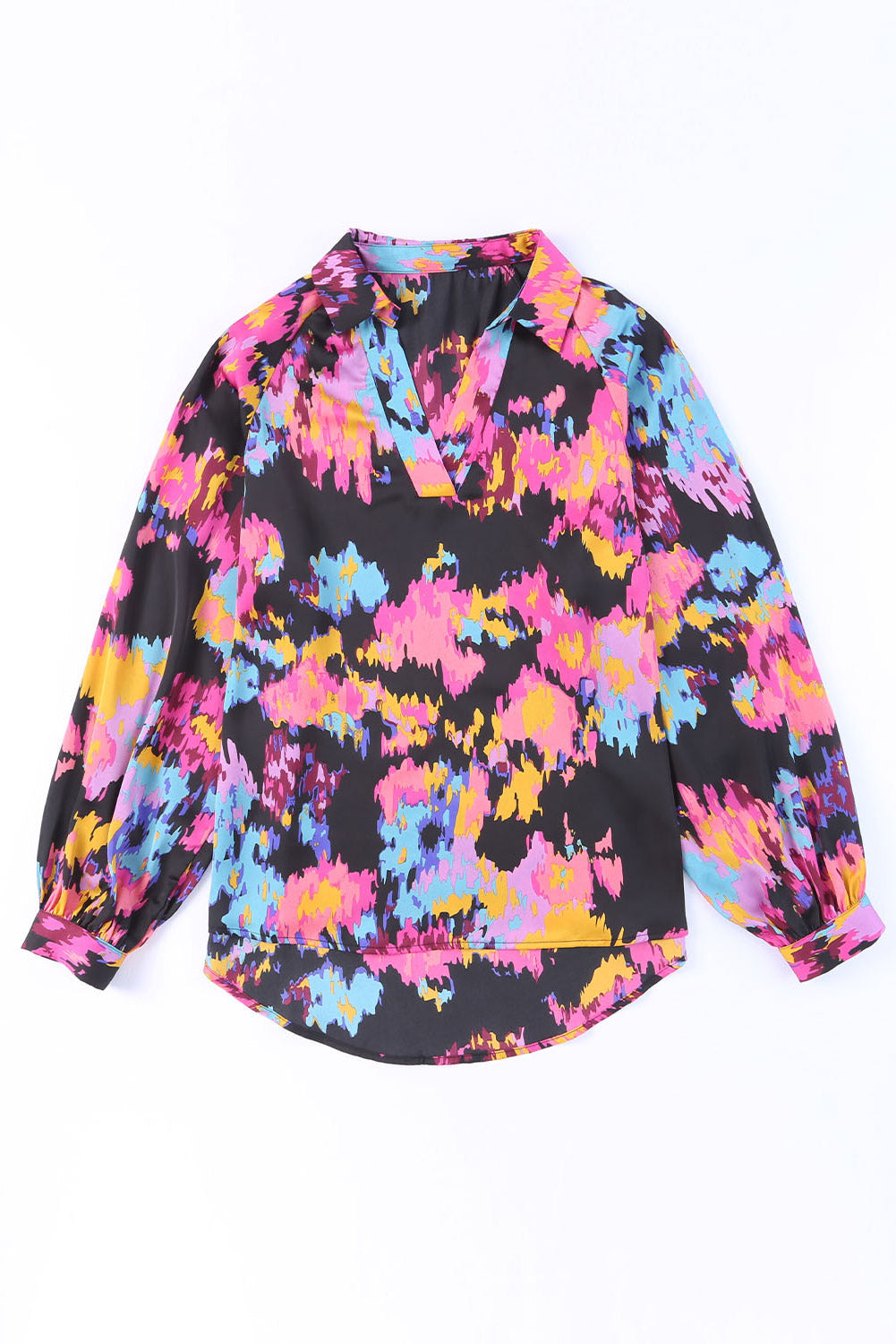 Green Graffiti Printed V Neck Puff Sleeve Blouse