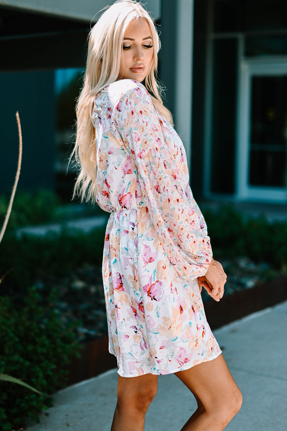 V Neck Bubble Sleeves Floral Dress