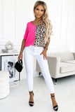 Leopard Color Block Roll Tab Sleeve V Neck Top