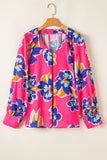 Rose Floral Pattern V Neck Balloon Sleeve Plus Size Blouse