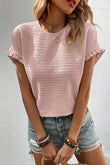 Light Pink Solid Textured Ruffled Short Sleeve Blouse